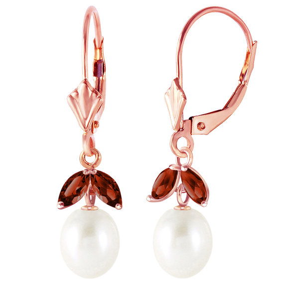 GOLD LEVERBACK EARRING WITH PEARLS GARNETS (Rose Gold)